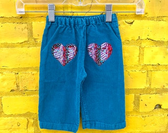 1970s Vintage Newborn Valentine Blue Corduroy Pants with Heart Patches Size 1-3 Months