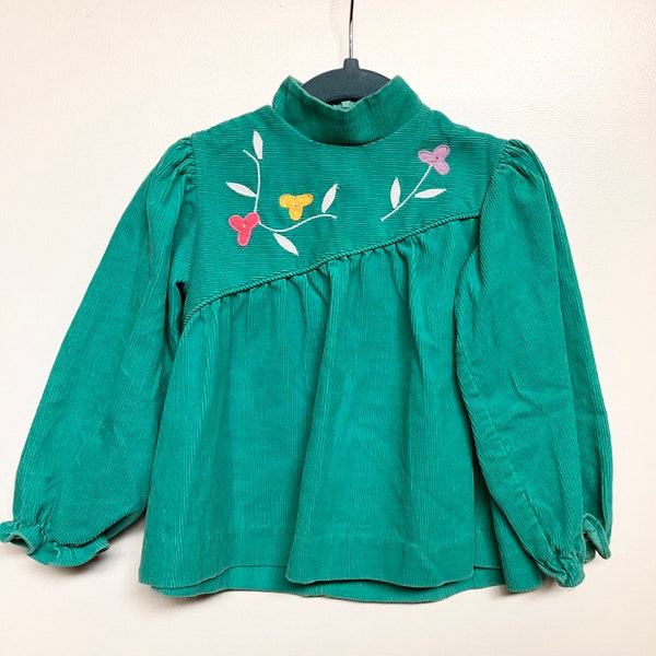 1970s Vintage Kids 3T Embroidered Turquoise Blue Green Corduroy Long Sleeve
