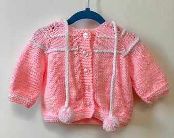 VINTAGE Pink Hand Knit Baby Sweater Size 12-18mo with Pom Poms Soft Yarn