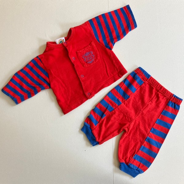 1980s Vintage Field Gear Baby Size 6mo - 9mo Outfit Matching Set Red and Blue with Logo and Embroidery 100% Cotton Sweat Suit