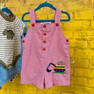 Vintage 90s Size 2T Bear Red Construction Excavator Truck Overalls