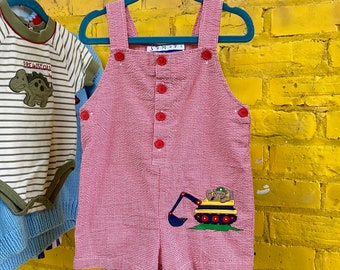 Vintage 90s Size 2T Bear Red Construction Excavator Truck Overalls