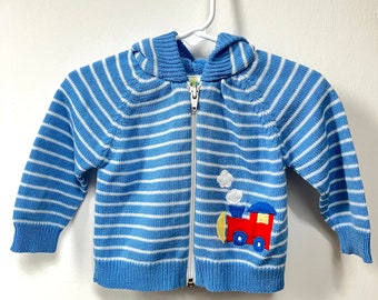 1980s Vintage Size 6 - 12mo Train Knit Sweater with Zipper Striped Baby Toddler