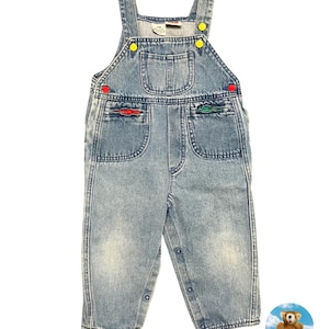 Vintage Denim Overalls: Color Block Buttons, Size 24mo/2T