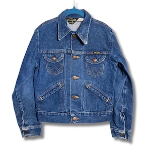 Vintage Kids Denim Wrangler Jacket Size 8-10 Blue Boys Girls True Vintage Retro