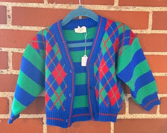 Vintage 1980s Size 24mo Toddler Cardigan Plaid Preppy College Sweater