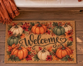 May include: A rectangular coir doormat featuring a printed design of orange, green, and white pumpkins surrounded by colorful autumn leaves and red berries. The word Welcome is written in a black cursive script in the center of the mat.