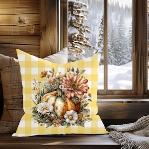 Autumn Floral Pumpkin Pillow Cover: Yellow Gingham Fall Decor