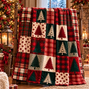 Puede incluir: Una manta de patchwork con un patrón repetitivo de árboles de Navidad rojos y verdes, cuadrados a cuadros en rojo, verde y crema, y pequeños motivos de estrellas. La manta está colocada sobre una silla de madera, mostrando una tela suave.