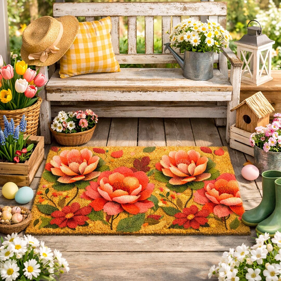 Peony Floral Doormat • Pink Flower Welcome Mat • Spring Entrance Rug ...