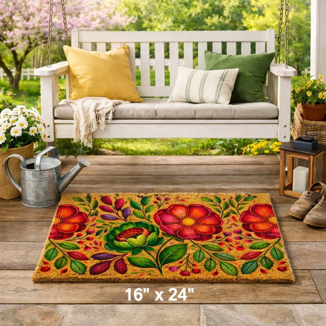 Vintage Floral Coir Doormat • Rustic Botanical Entry Rug (16" X 24") - Etsy