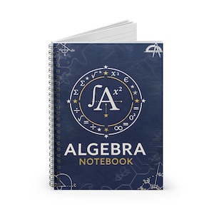 May include: A spiral-bound notebook with a dark blue cover featuring the word "ALGEBRA NOTEBOOK" in white. The cover also includes mathematical symbols and the letters "SA" inside a circle.