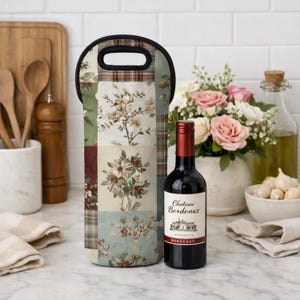Floral Patchwork Wine Tote Bag, Botanical Neoprene Bottle Carrier, Farmhouse Kitchen Decor