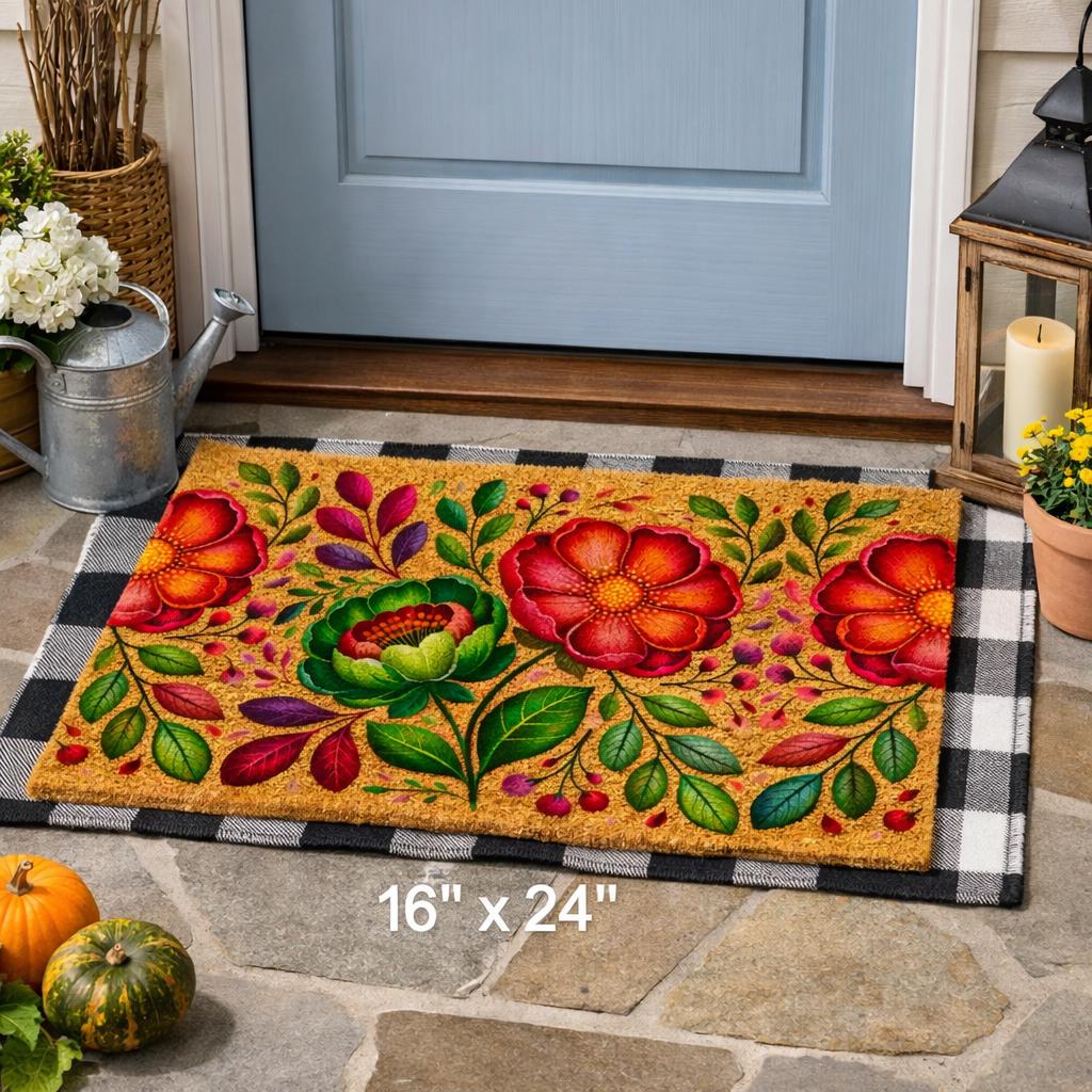 Vintage Floral Coir Doormat • Rustic Botanical Entry Rug (16" X 24") - Etsy