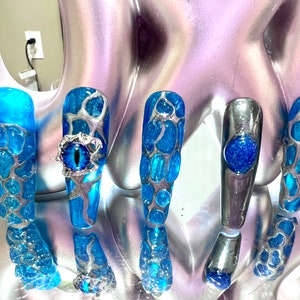 Hand Painted Press On Nails: Blue Dragon Eye Bespoke Nail Art