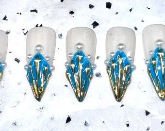 Hand Painted Press On Nails: Zelda, Blue Gold Art Deco