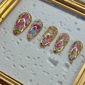 Golden Flowers Press On Nails: Hand-Painted Floral Nail Art