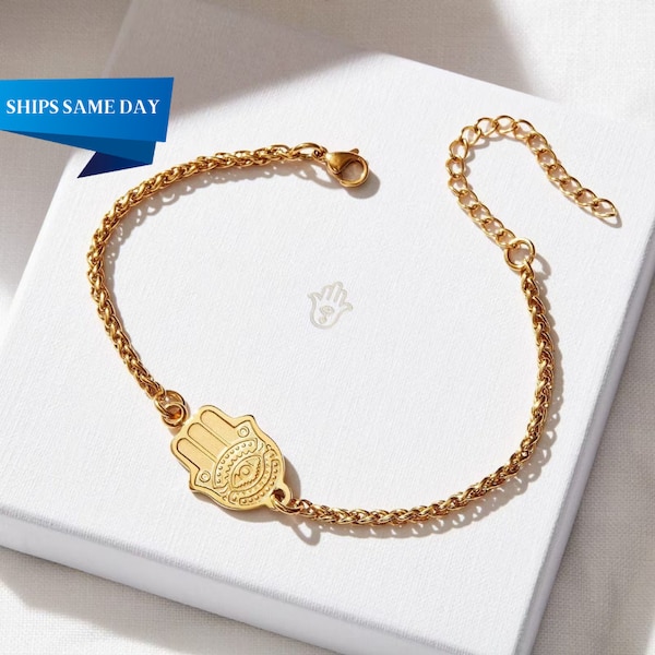 14k Real Gold Hamsa Bracelet • Hand of Fatima Charm on gold chain • protection, good luck, fortune, health, wealth, bracelet for men & women