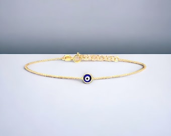 18k Real Gold Evil Eye Bracelet • Blue Evil Eye Nazar Charm on Dainty Gold Chain • protection, good luck, health, wealth, for women and men