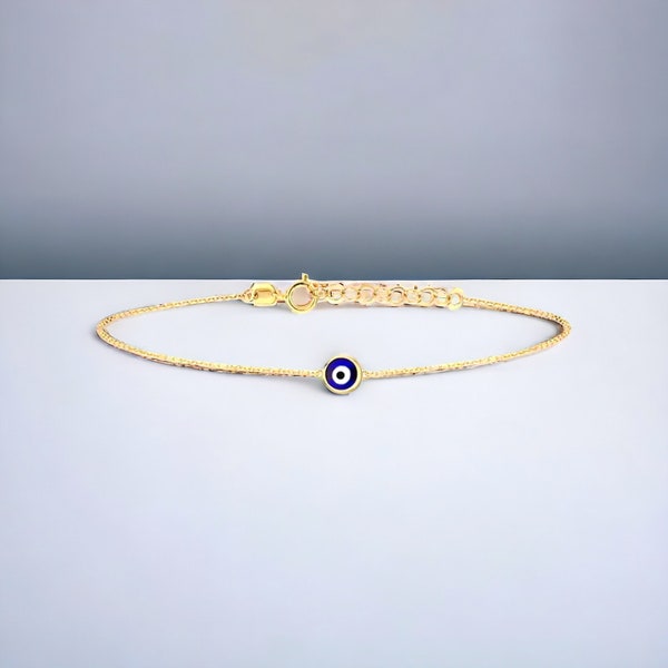 18k Real Gold Evil Eye Bracelet • Blue Evil Eye Nazar Charm on Dainty Gold Chain • protection, good luck, health, wealth, for women and men