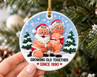 Personalized Couple Christmas Ornament, Growing Old Together, Funny Christmas Gift for Husband Wife, Custom Ceramic Ornament