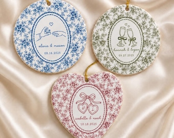 Personalized Engagement Ornament, Custom Couple Toile De Jouy Ornament, Engagement Keepsake, Newly Engaged Christmas Gift, Wedding Ornament