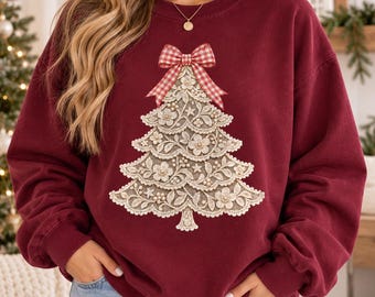 Coquette Christmas Tree Sweatshirt, Lace Christmas Tree Sweater, Christmas Girls Sweater, Bow Holiday Crewneck, Festive Winter Tee for Women