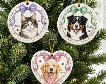 Personalized Pet Portrait Ornament, Custom Dog Cat Christmas Ornament, Bow Pet Ornament, Custom Pet Name Gift, Dog Mom Cat Mom Keepsake