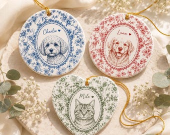 Personalized Pet Portrait Ceramic Ornament, Custom Dog Cat Toile Ornament, Pet Christmas Ornament, Custom Pet Name Gift, Pet Lover Keepsake