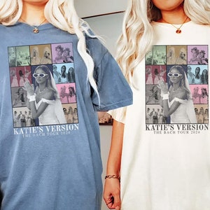 Könnte beinhalten: Zwei übergroße T-Shirts in Jeansblau und Elfenbein, jeweils mit einem mehrteiligen Grafikdruck einer Person in einem weißen Kleid und Schleier mit Sonnenbrille. Unter der Collage steht der Text KATIE'S VERSION THE BACH TOUR 2024.