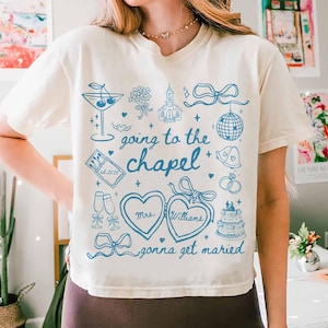 Maglietta da sposa personalizzata &quot;Andare in cappella&quot; &quot;Sposarsi&quot;, Magliette da addio al nubilato Comfort Colors, Magliette da addio al nubilato Doodle Coquette