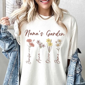 Nana&#39;s Garden Shirt met aangepaste geboortebloemen, Moederdagcadeau van dochter, cadeau voor oma Gigi, gepersonaliseerd geboortemaandbloemenshirt
