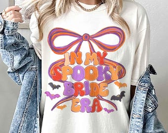 Camiseta "En mi época de novia espeluznante", camiseta retro de novia de Halloween, camiseta de despedida de soltera de Halloween con lazo, regalo de compromiso, bonita camiseta de novia de otoño