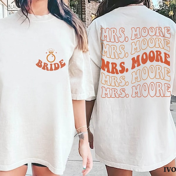 Retro Comfort Colors Custom Bride Shirt, Personalized Mrs Tshirt, Honeymoon Tee, Bachelorette Party Gift, Trendy Wife Shirt Custom Last Name