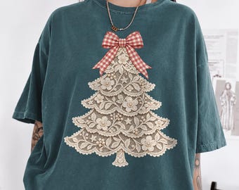 Lace Christmas Tree Shirt, Vintage Christmas Tree Tee, Coquette Christmas Shirt, Gingham Bow Holiday Graphic Tee, Christmas Gift for Her
