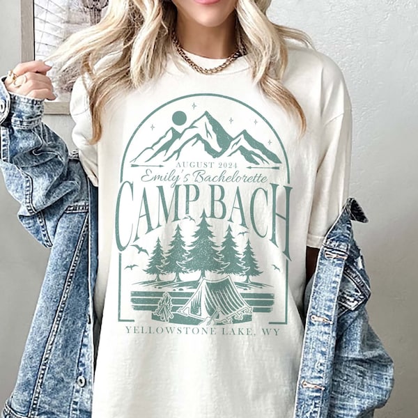 Camisa de despedida de soltera de campamento vintage, camisas de despedida de soltera de camping personalizadas, camiseta de novia de montaña al aire libre, regalos de fiesta nupcial con temática de lago retro senderismo