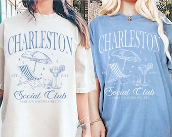 Beach Bachelorette Shirts, Custom Location Bachelorette Party Shirts, Charleston Social Club, Last Toast On The Coast, Luxury Bachelorette