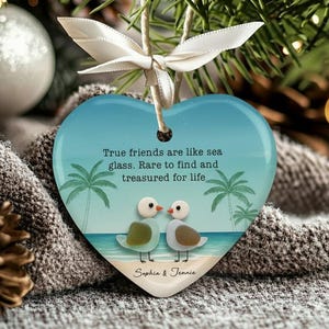 2D Sea Glass Birds Friendship Ornament, Custom Heart Beach Ornament, Sea Glass Christmas Gift for Best Friends, Xmas Tree Hanging Keepsake