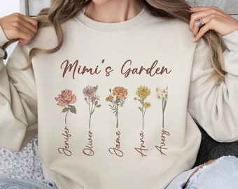 Mimi's Garden Sweatshirt with Custom Birth Flowers and Names, Custom Birthflower Sweatshirt, Mothers Day Gift, Gift for Grandma Abuela Mom