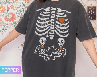 Skeleton Halloween Maternity Shirt, Funny Twin Mom Shirt, Twins Pregnant Skeleton Shirt, Spooky Pregnancy Announcement Tee, Mommy To Be Gift