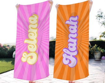 Retro 70's Custom Name Beach Towel,Personalized Vintage Pool Towel,Groovy Birthday Vacation Gift, Gift for Her,Bestfriend Bachelorette Party