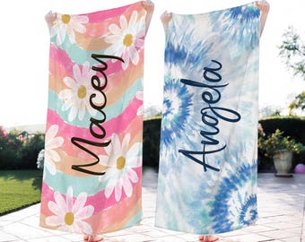 Custom Name Beach Towel, Personalized Tie Dye Beach Towel, Tie Dye Towel, Monogram Towel, Girls Trip Pool Towel, Vacation Birthday Gift