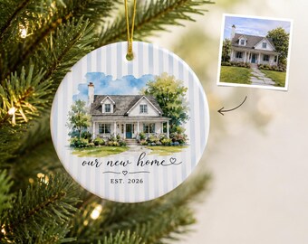New Home Gift Ornament, Custom Watercolor House Portrait, Personalized First Christmas Home, Housewarming Realtor Gift