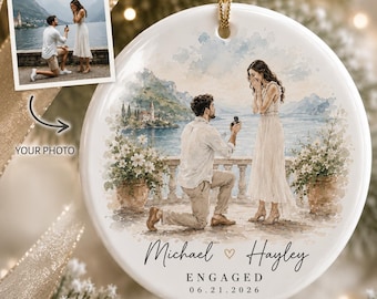 Personalized Engagement Ornament, Custom Photo Watercolor Ornament, Engaged Couple Christmas Gift, Wedding Keepsake, Future Mr and Mrs Gift