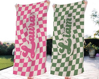 Custom Checkered Name Beach Towel, Personalized Kids Beach Towel, Retro Bachelorette Bridesmaid Towel, For the Pool Lover, Birthday Vacation