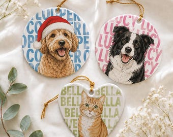 Custom Pet Portrait Christmas Ornament, Personalized Watercolor Style Dog Photo Gift Ceramic Memorial Keepsake for Dog Mom Xmas Ornaments