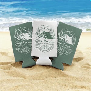 Personalized Camp Bachelorette Can Coolers, Custom Bachelorette Party Favors, Glamping Hiking Girls Trip, Cabin Crew Camping Can Cooler