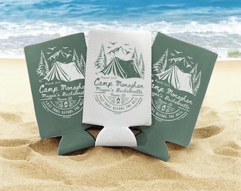 Personalized Camp Bachelorette Can Coolers, Custom Bachelorette Party Favors, Glamping Hiking Girls Trip, Cabin Crew Camping Can Cooler