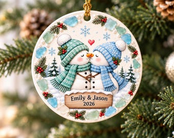 Personalized Snowman Couple Christmas Ornament, Cute Kissing Snowmen Ornament, 2D Sea Glass Snowman Couple Gift, Christmas Gift for Couples