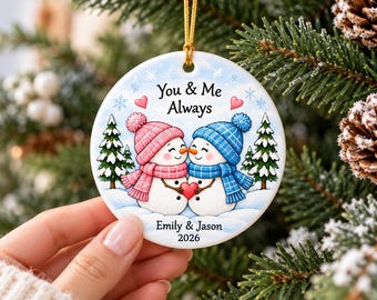 Personalized Snowman Christmas Ornament, Snowman Love Ornament, Custom Name Ceramic Ornament, Newlywed Keepsake, Just Married Couple Gift